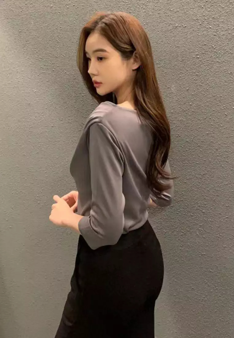 New temperament pleated collar three-quarter sleeve top K092704-BE