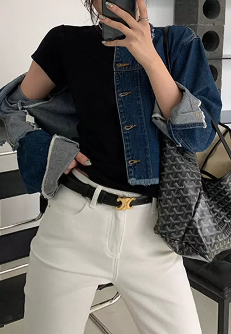 2024 Cotton Short Sleeve T-shirt Round Neck Slim Fit White Top CA24061836BE