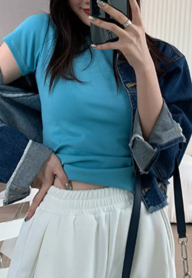 2024 Cotton Short Sleeve T-shirt Round Neck Slim Fit White Top CA24061836BE