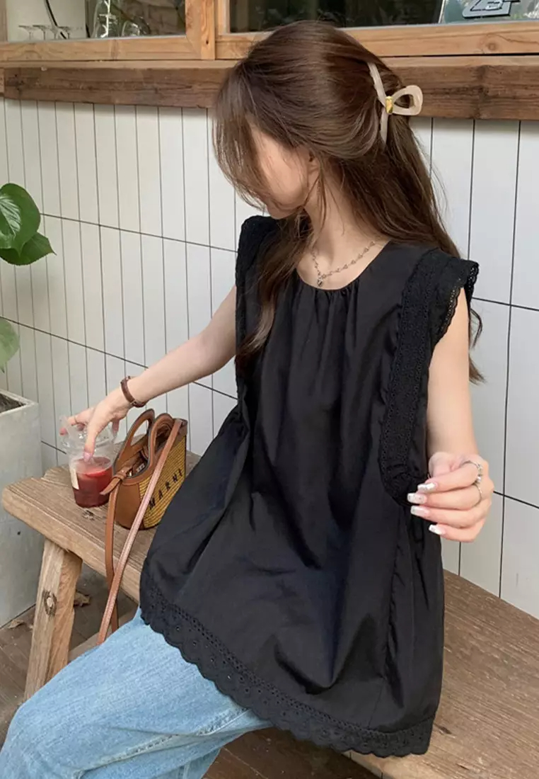 2024 New Solid Round Neck Lace Sleeveless Shirt Top CA24061826BK