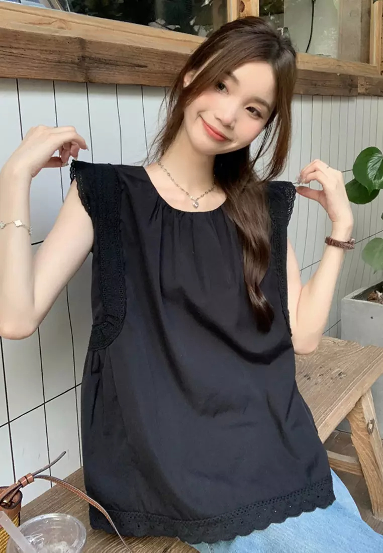 2024 New Solid Round Neck Lace Sleeveless Shirt Top CA24061826BK