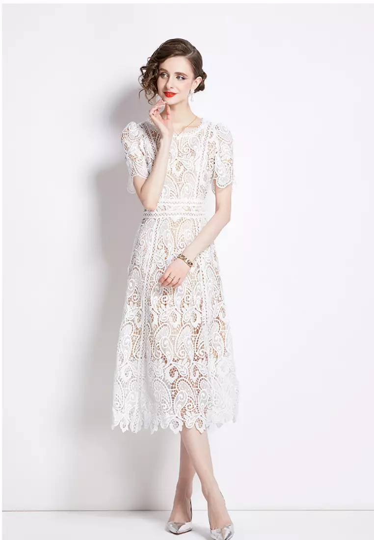 2024 New Style Elegant Full Lace White Retro Dress K071506