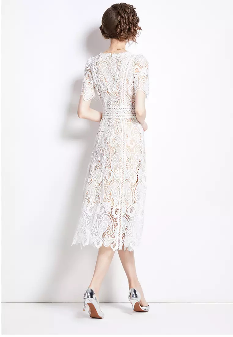 2024 New Style Elegant Full Lace White Retro Dress K071506