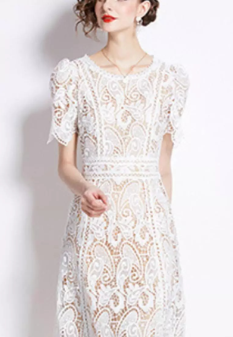 2024 New Style Elegant Full Lace White Retro Dress K071506