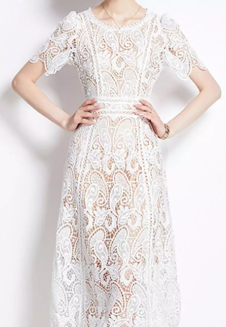 2024 New Style Elegant Full Lace White Retro Dress K071506