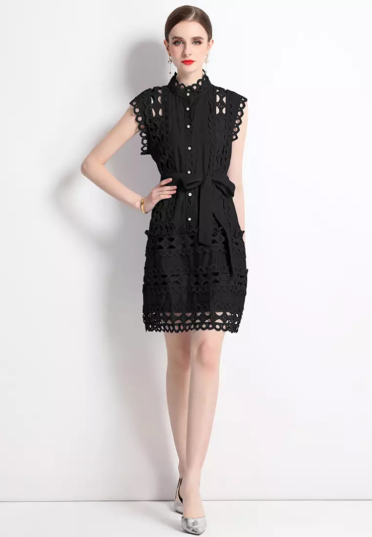 2024 Summer Round Neck Sleeveless Lace Dress CA24032624BK