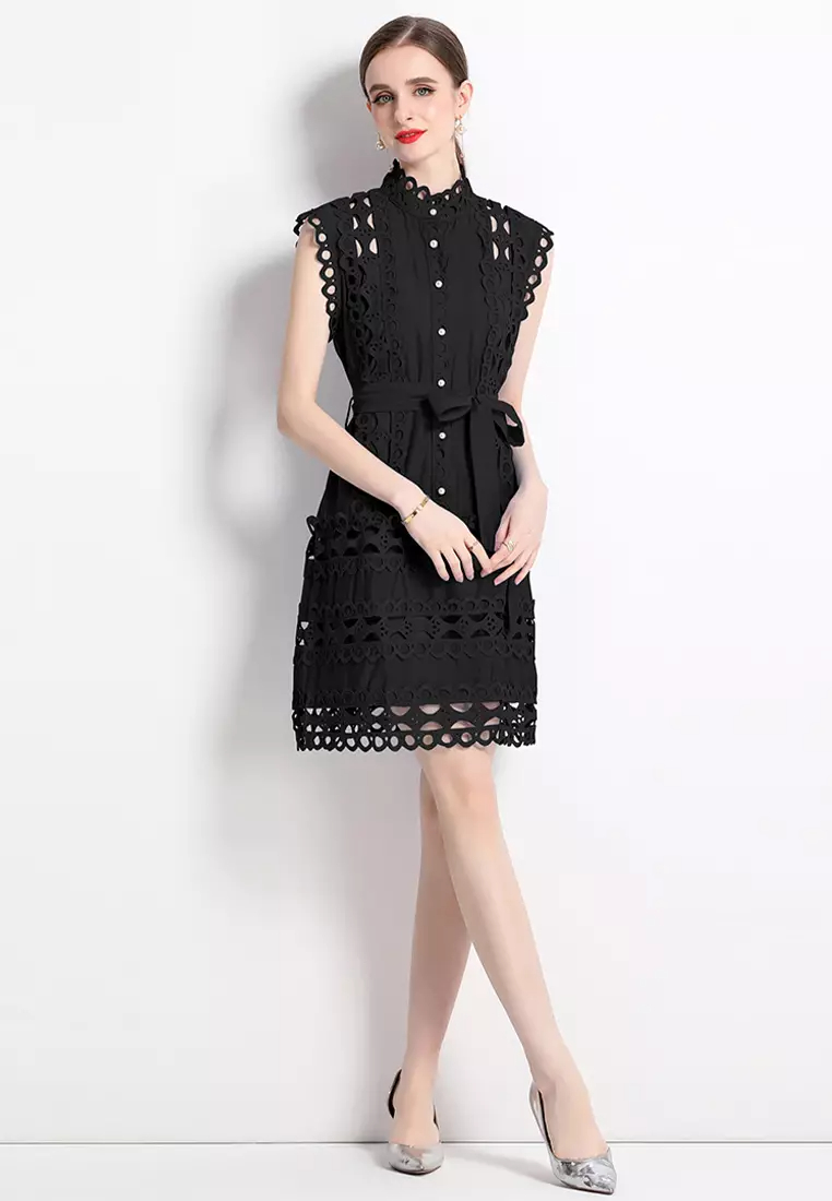2024 Summer Round Neck Sleeveless Lace Dress CA24032624BK
