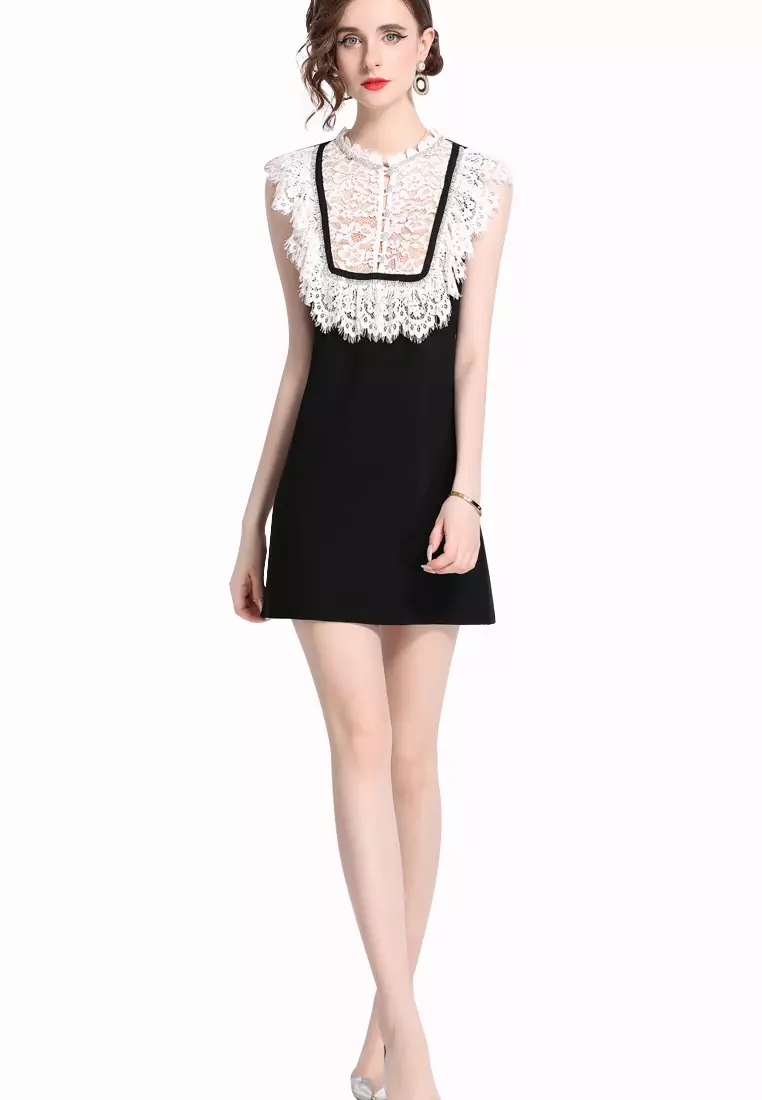 2024 New Style Temperament Black Lace Rhinestone Sleeveless Dress K071502
