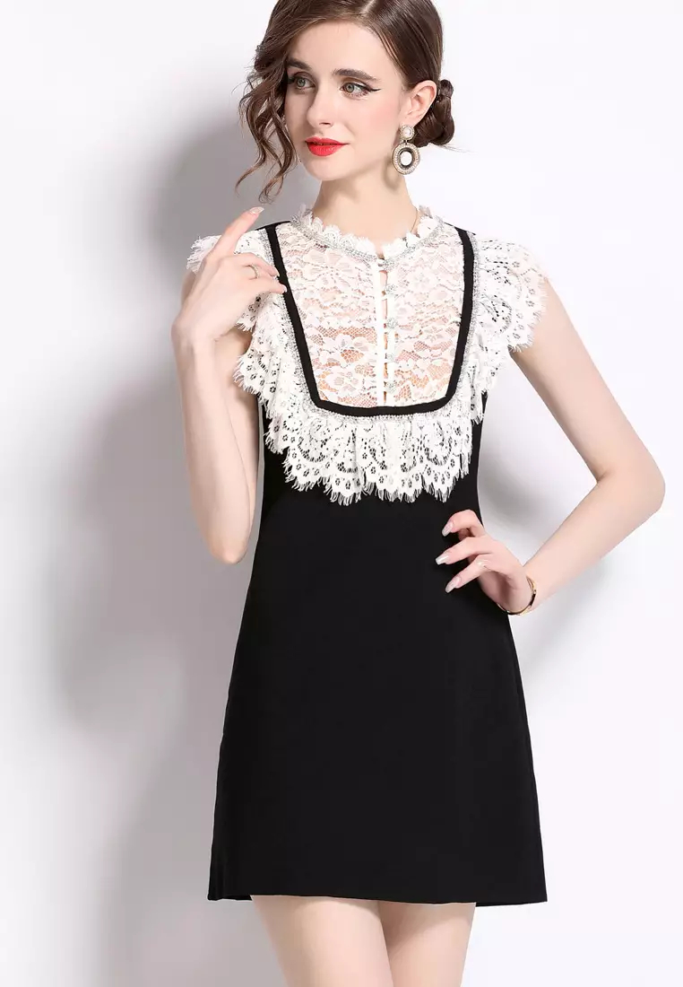2024 New Style Temperament Black Lace Rhinestone Sleeveless Dress K071502