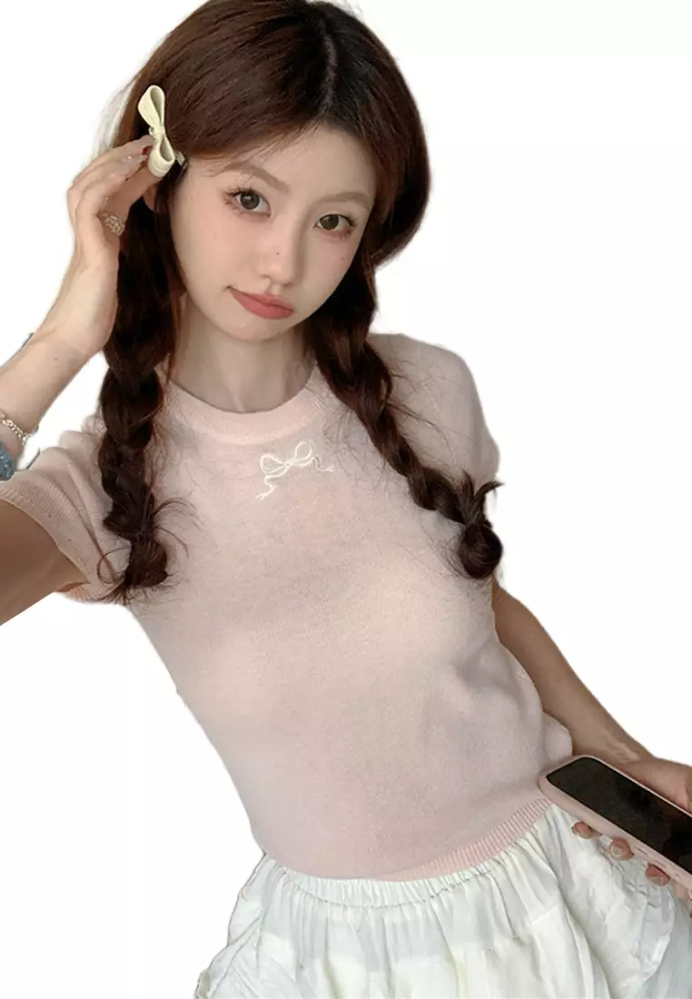 2024 Summer Slim Fit Knitwear Pure Desire Short sleeved Top CA24061833BL
