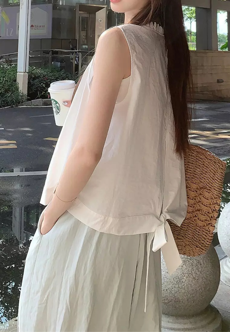 2024 round neck lace up short sleeveless vest top CA24061838W