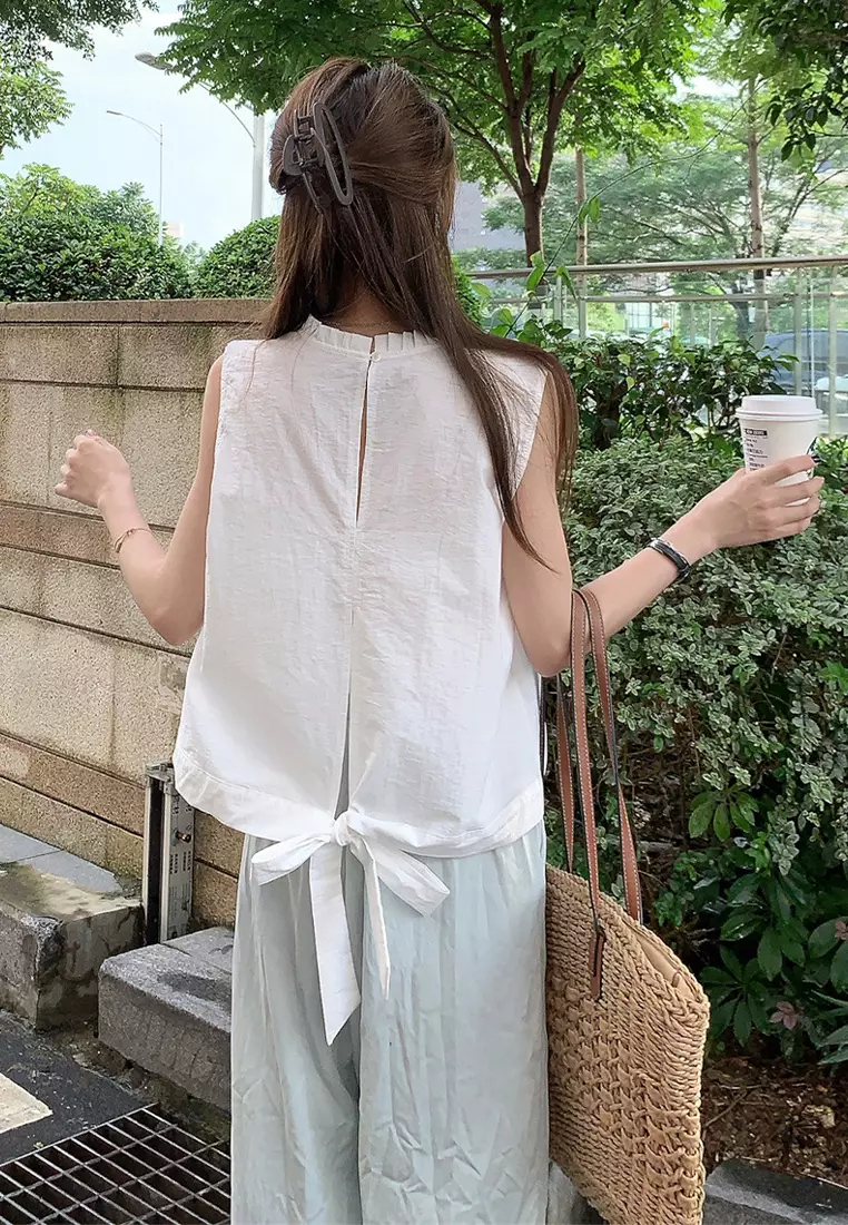 2024 round neck lace up short sleeveless vest top CA24061838W