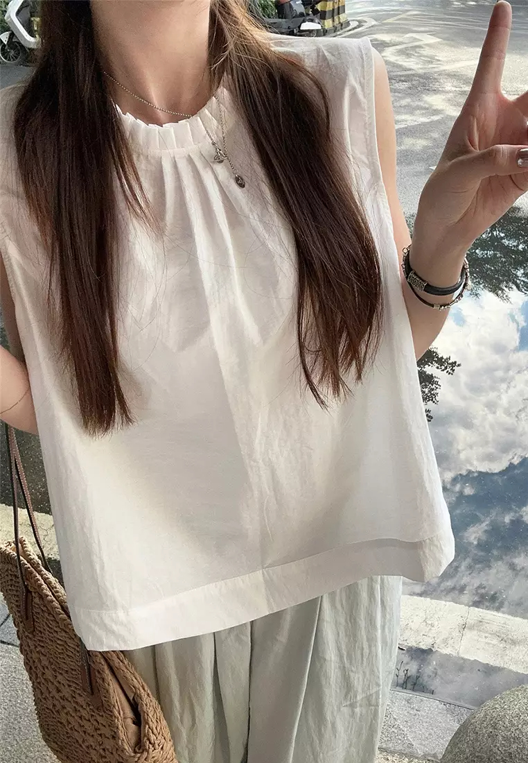 2024 round neck lace up short sleeveless vest top CA24061838W