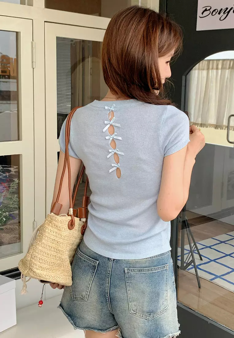 2024 Summer Slim Fit Knitwear Pure Desire Short sleeved Top CA24061833BL