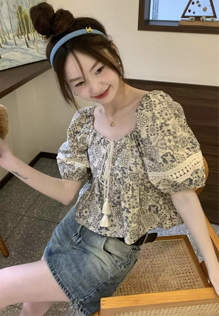 2024 Summer Ethnic Style Square Neck Panel Lace Printed Top CA24061839BE