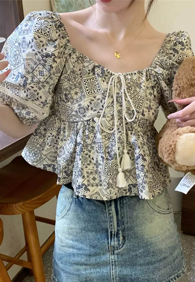 2024 Summer Ethnic Style Square Neck Panel Lace Printed Top CA24061839BE