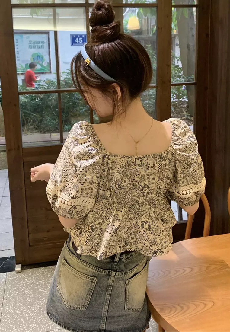 2024 Summer Ethnic Style Square Neck Panel Lace Printed Top CA24061839BE