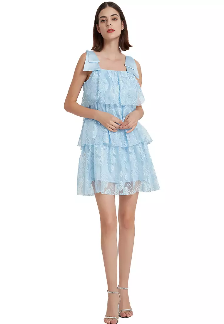 Bow Strap Printed Lace One-Piece Dress B22071905