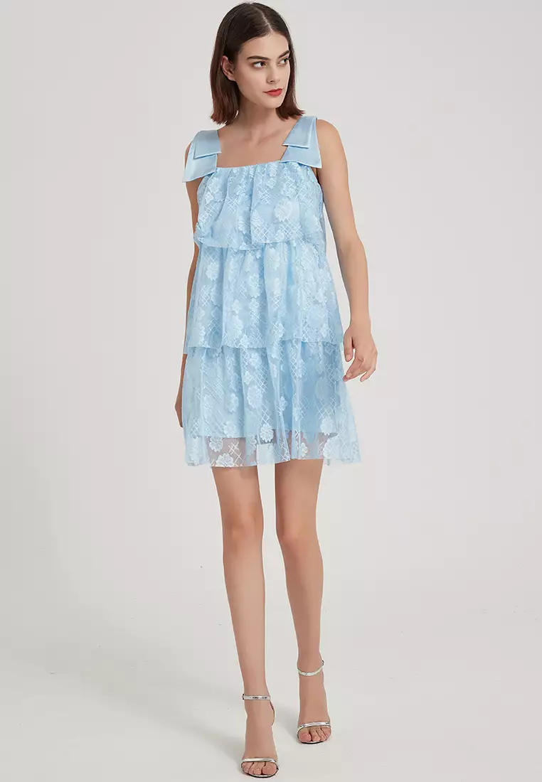 Bow Strap Printed Lace One-Piece Dress B22071905