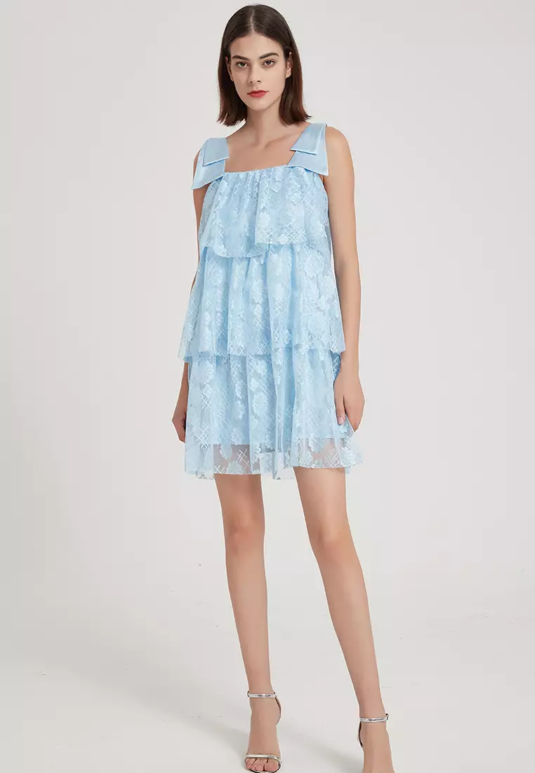 Bow Strap Printed Lace One-Piece Dress B22071905