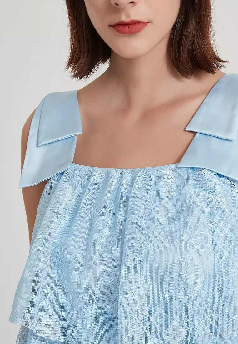 Bow Strap Printed Lace One-Piece Dress B22071905