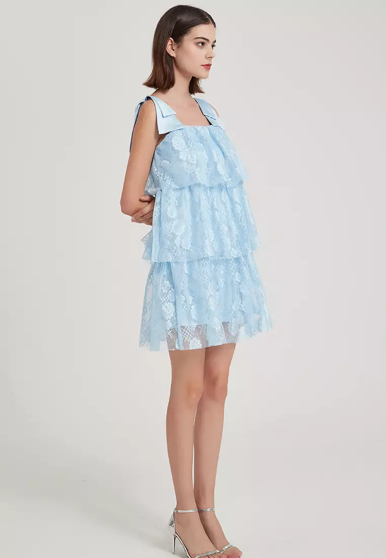 Bow Strap Printed Lace One-Piece Dress B22071905