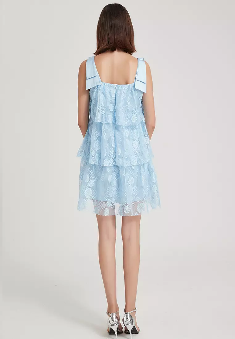 Bow Strap Printed Lace One-Piece Dress B22071905