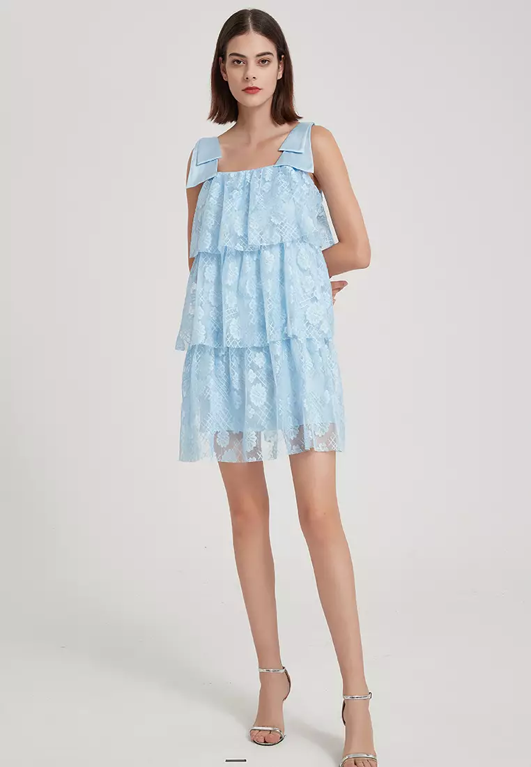 Bow Strap Printed Lace One-Piece Dress B22071905