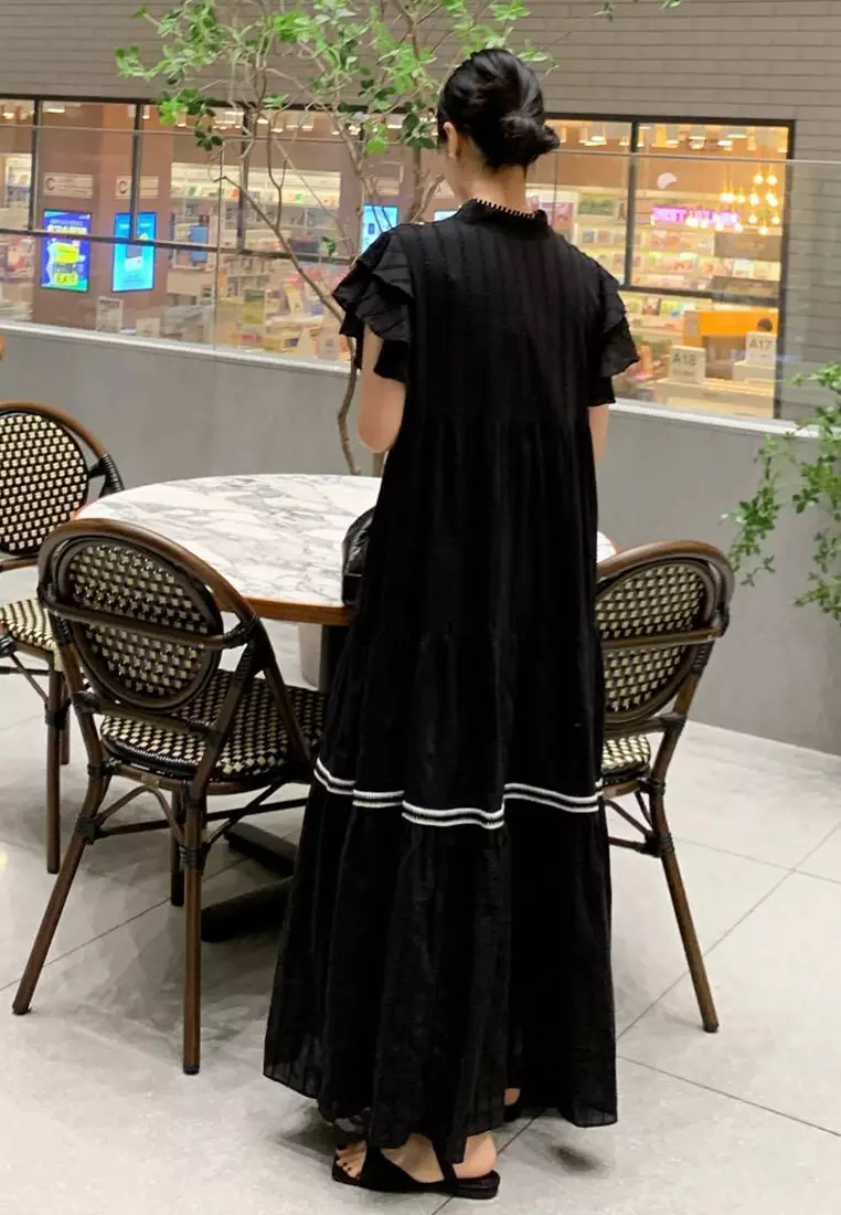 2024 Ruffle Sleeves Solid Color Ruffle Edge Dress CA24061126BK