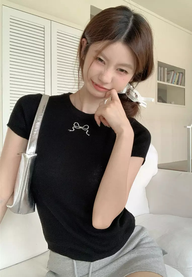 2024 Summer Slim Fit Knitwear Pure Desire Short sleeved Top CA24061833BL