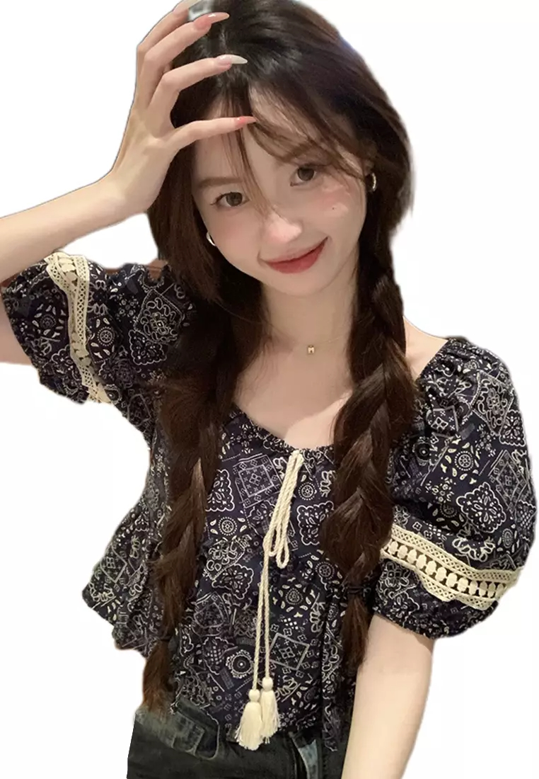 2024 Summer Ethnic Style Square Neck Panel Lace Printed Top CA24061839BE