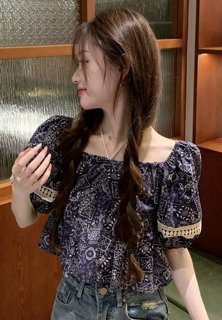 2024 Summer Ethnic Style Square Neck Panel Lace Printed Top CA24061839BE