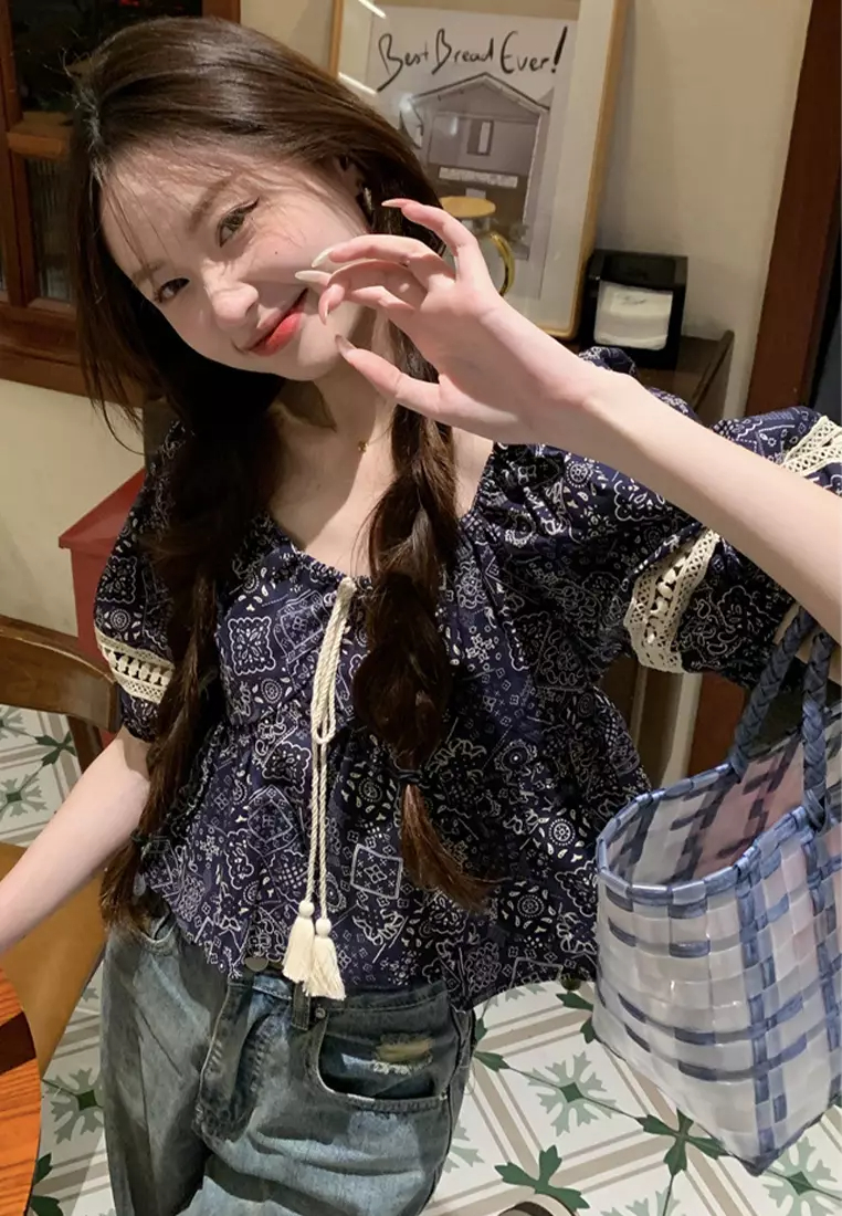 2024 Summer Ethnic Style Square Neck Panel Lace Printed Top CA24061839BE