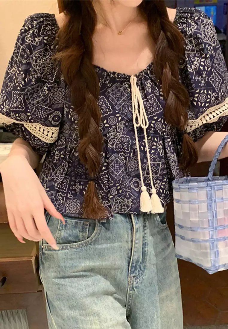 2024 Summer Ethnic Style Square Neck Panel Lace Printed Top CA24061839BE