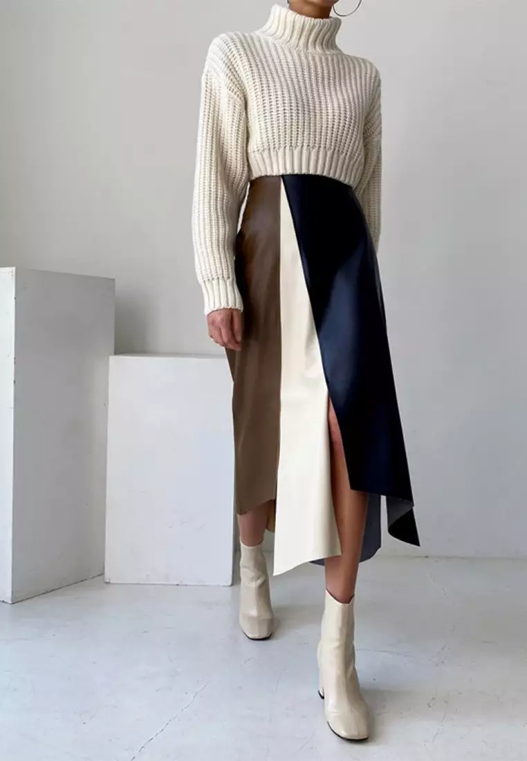New retro style multi-color spliced ​​leather skirt K093004