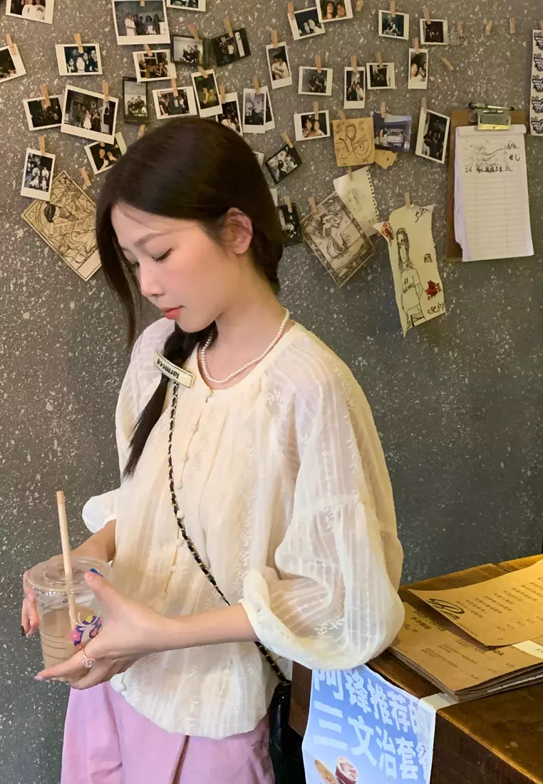 New elegant jacquard round neck long sleeve shirt top K092403