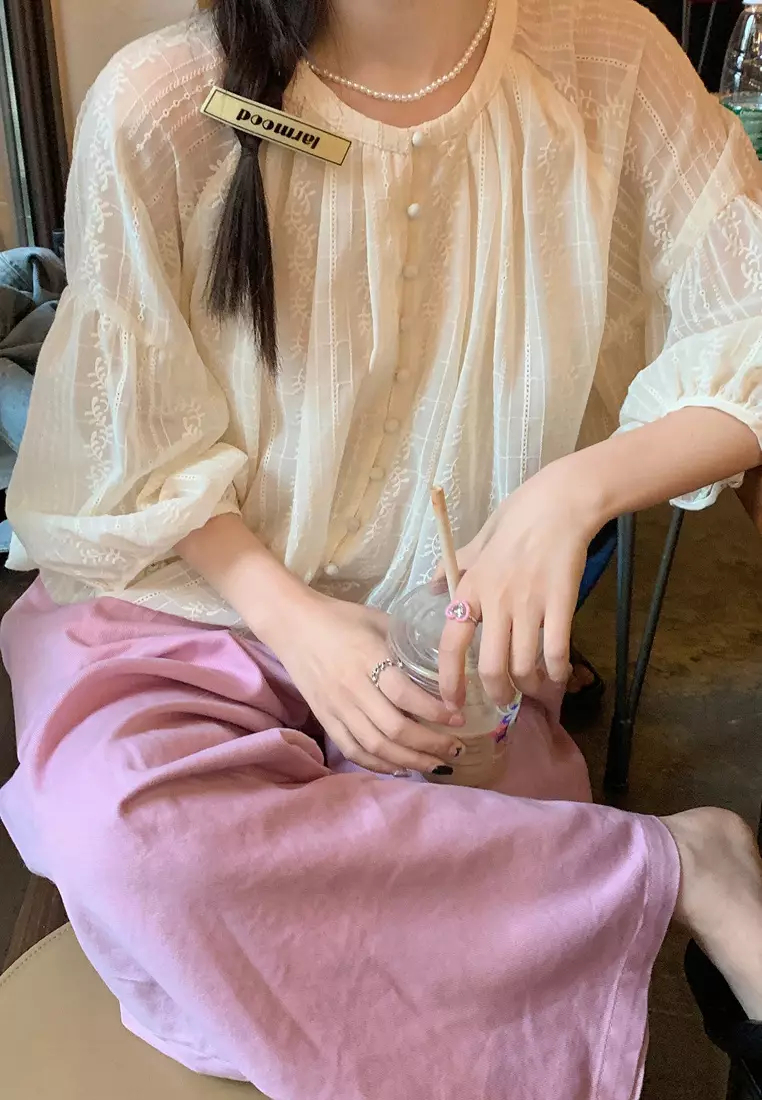 New elegant jacquard round neck long sleeve shirt top K092403