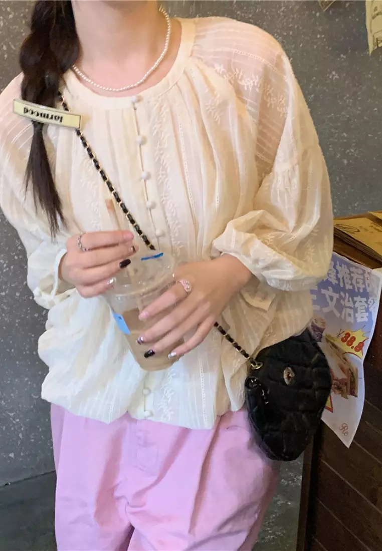 New elegant jacquard round neck long sleeve shirt top K092403