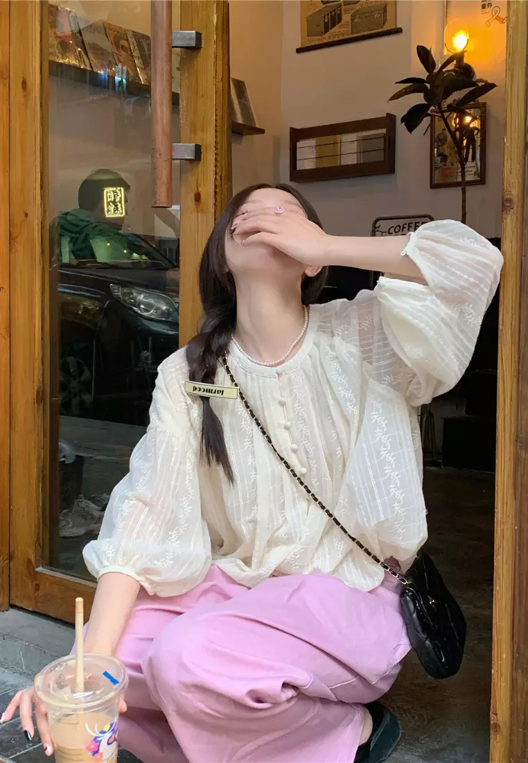 New elegant jacquard round neck long sleeve shirt top K092403