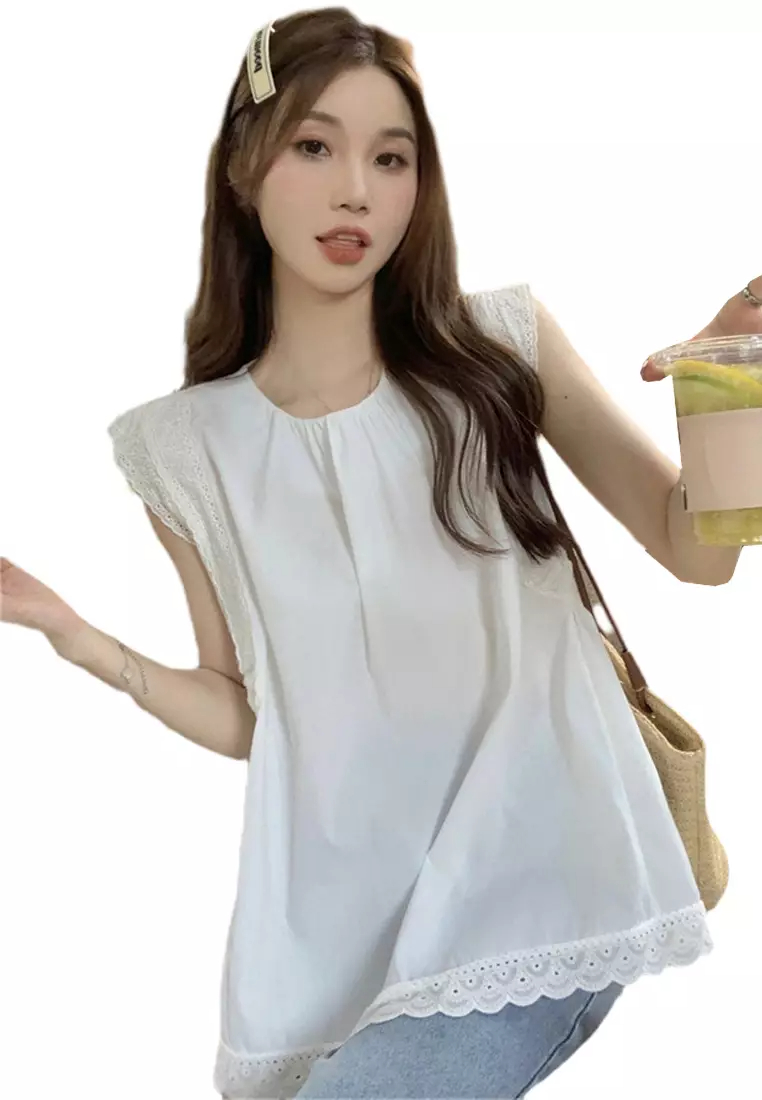 2024 New Solid Round Neck Lace Sleeveless Shirt Top CA24061826BK