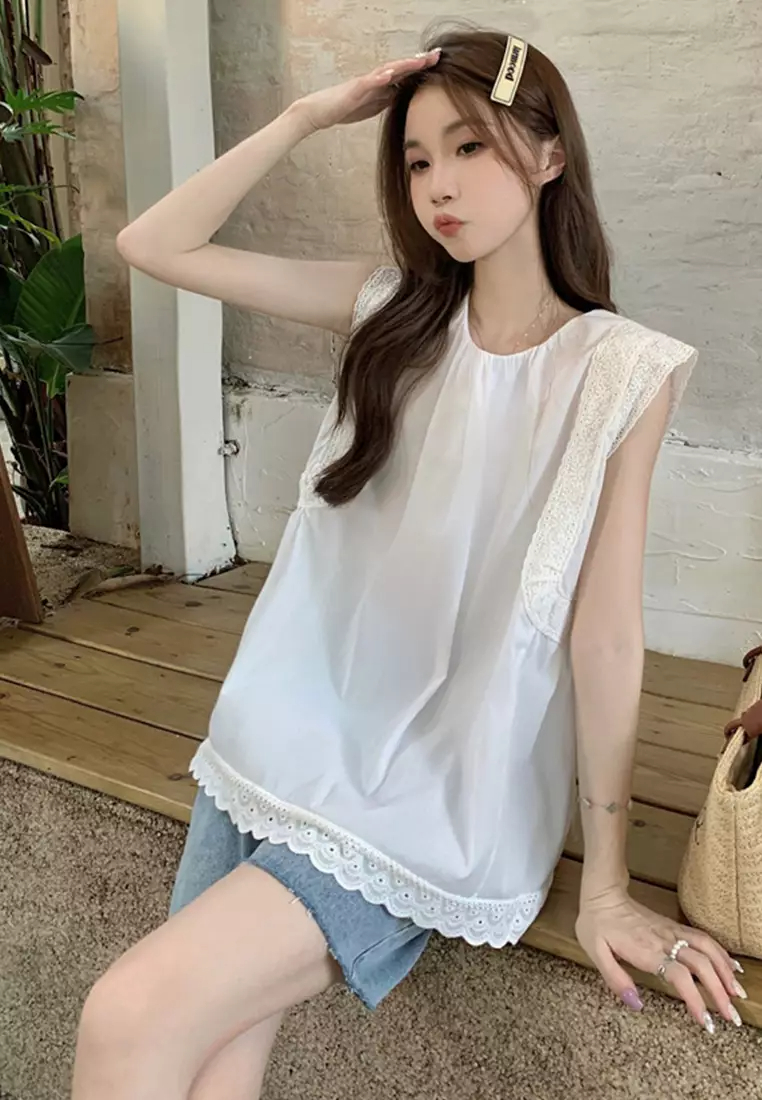 2024 New Solid Round Neck Lace Sleeveless Shirt Top CA24061826BK