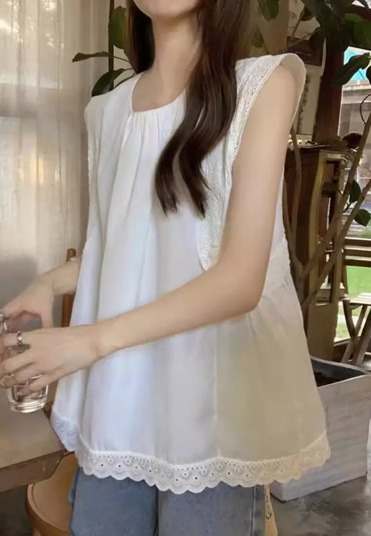 2024 New Solid Round Neck Lace Sleeveless Shirt Top CA24061826BK