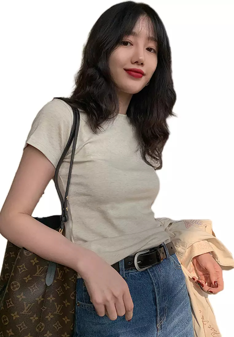 2024 Cotton Short Sleeve T-shirt Round Neck Slim Fit White Top CA24061836BE