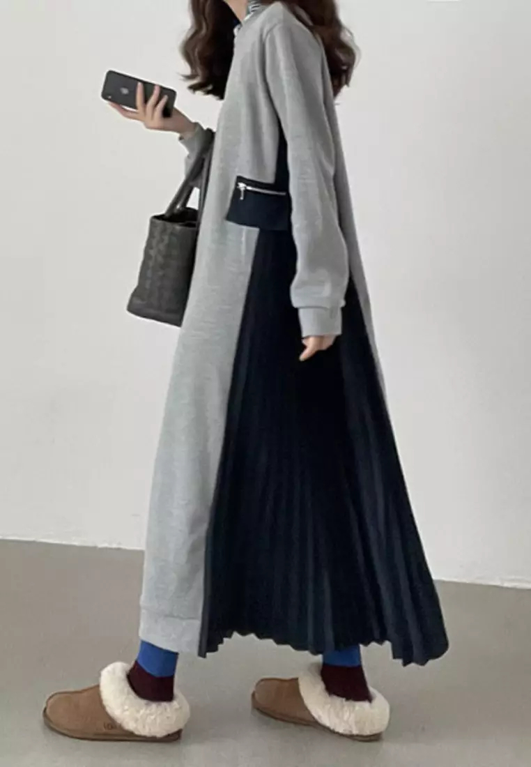 2024 New Colorblock Pleated Edge Long Sleeve Dress K092503-GY