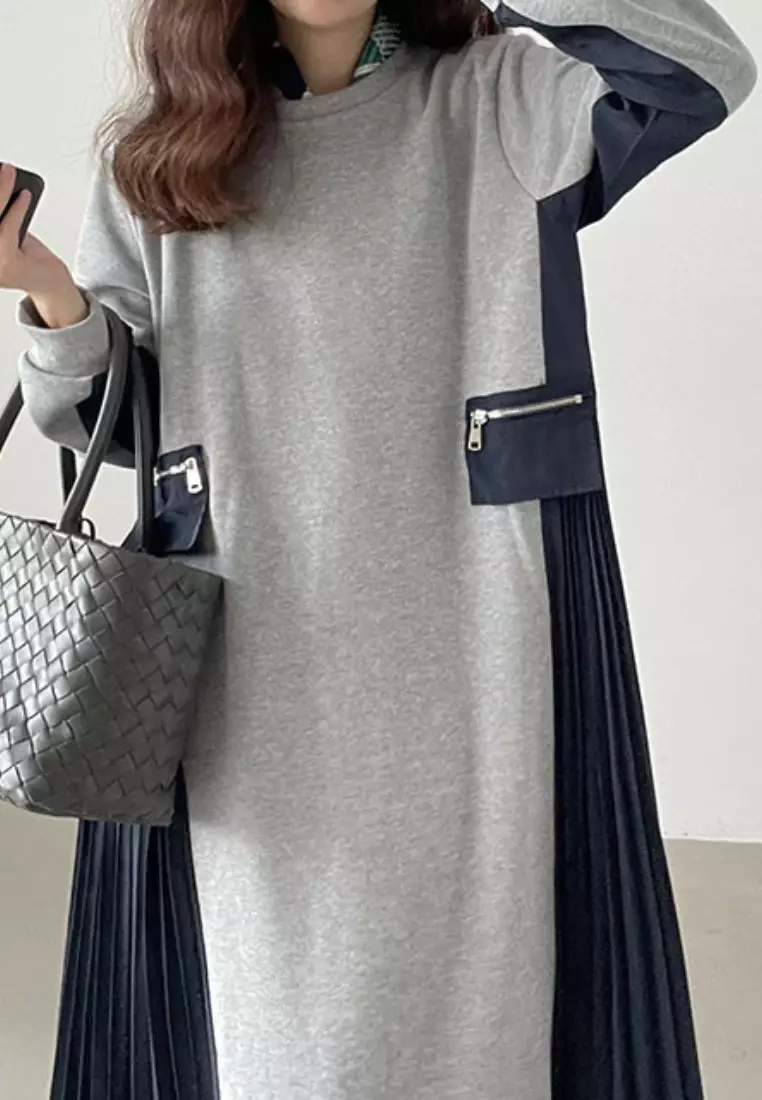 2024 New Colorblock Pleated Edge Long Sleeve Dress K092503-GY