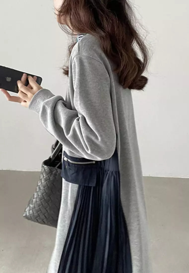 2024 New Colorblock Pleated Edge Long Sleeve Dress K092503-GY