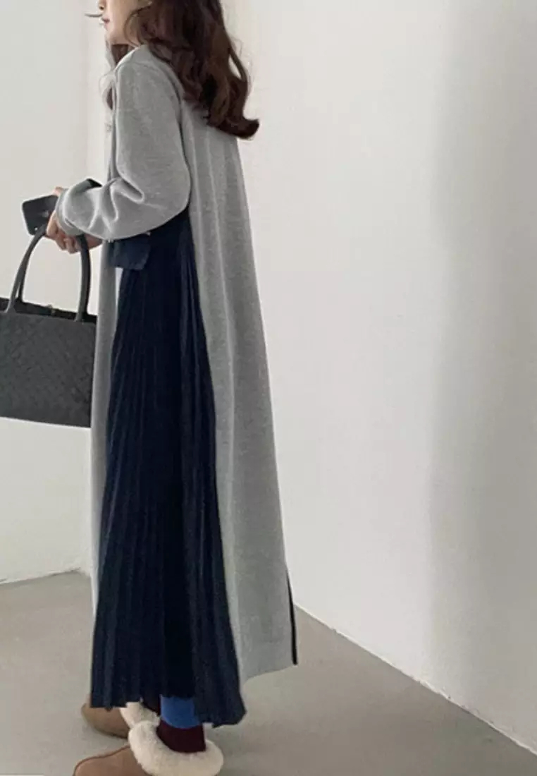 2024 New Colorblock Pleated Edge Long Sleeve Dress K092503-GY