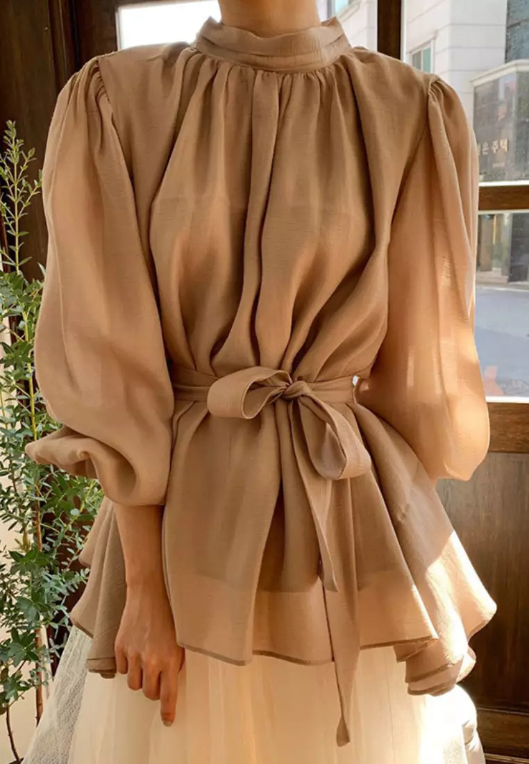 Brand new temperament lantern sleeve chiffon shirt top K092603-BK