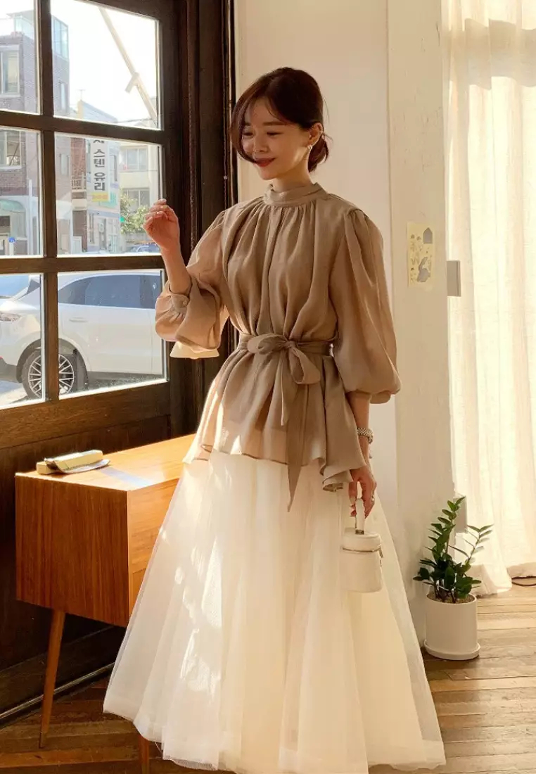 Brand new temperament lantern sleeve chiffon shirt top K092603-BK