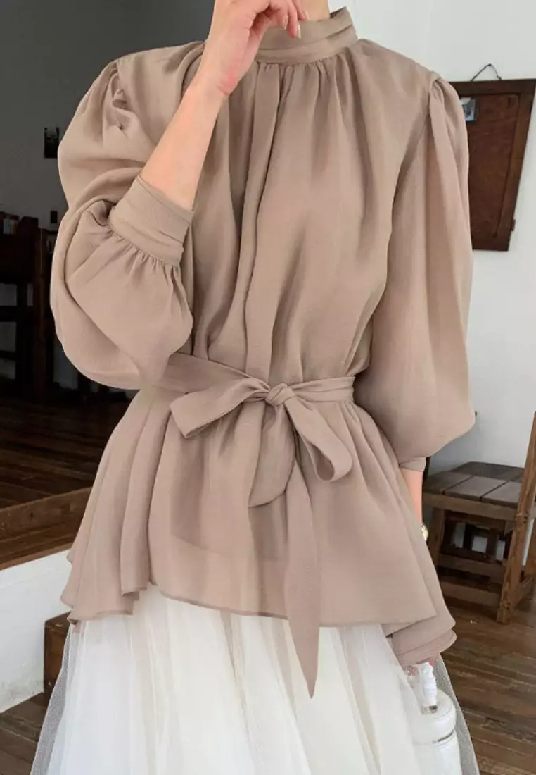 Brand new temperament lantern sleeve chiffon shirt top K092603-BK